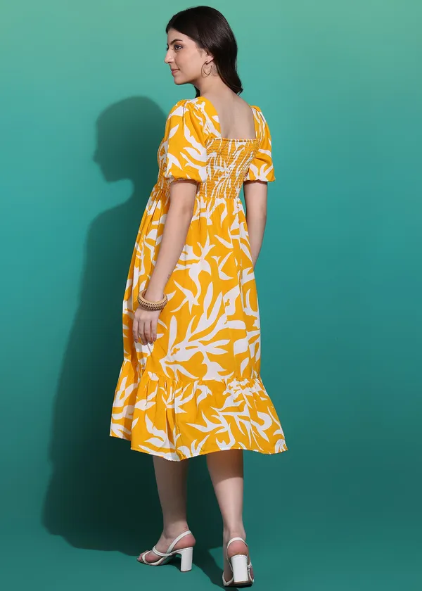Women_Ladies_Yellow_Printed_Midi_Dress,_Western_Wear_Fit_and_Flare_A-Line_Dress_with_Puff_Sleeves