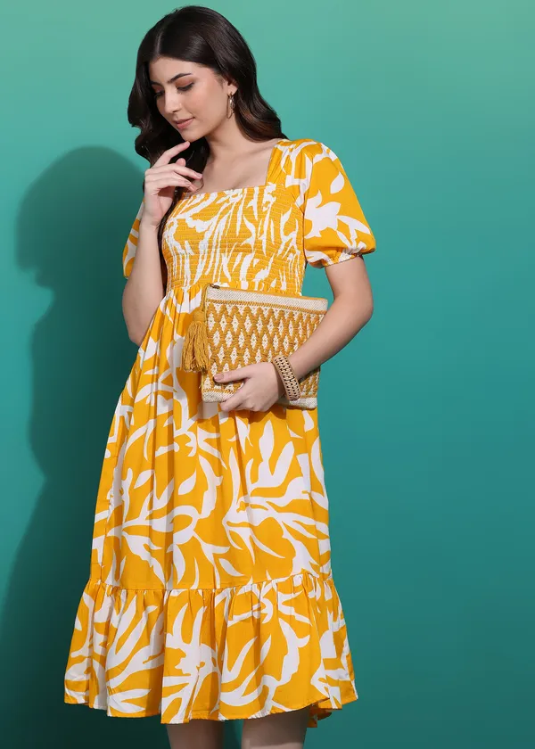 Women_Ladies_Yellow_Printed_Midi_Dress,_Western_Wear_Fit_and_Flare_A-Line_Dress_with_Puff_Sleeves
