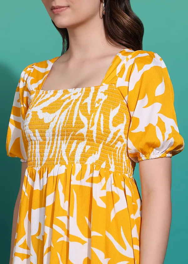 Women_Ladies_Yellow_Printed_Midi_Dress,_Western_Wear_Fit_and_Flare_A-Line_Dress_with_Puff_Sleeves
