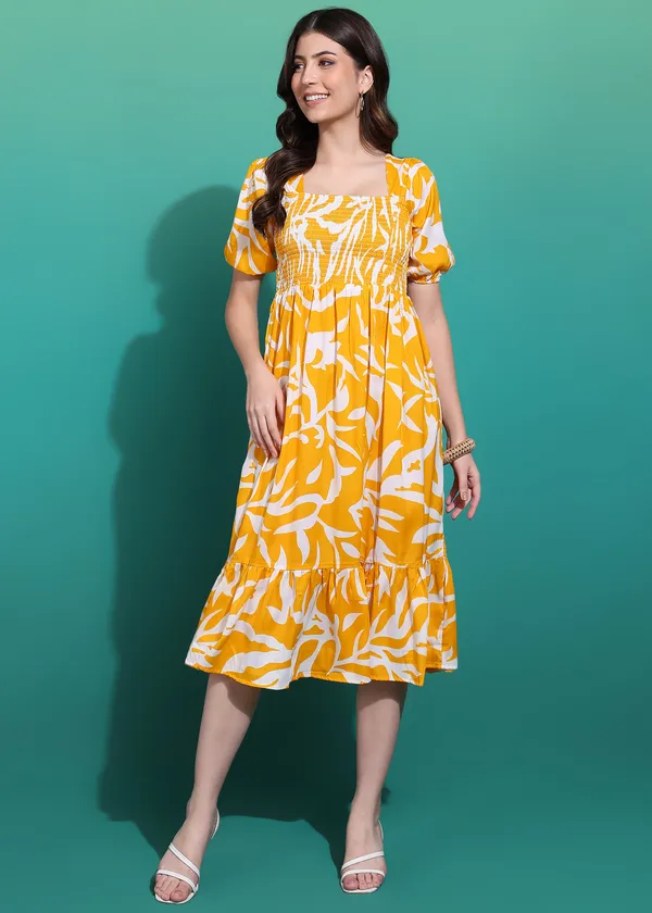Women_Ladies_Yellow_Printed_Midi_Dress,_Western_Wear_Fit_and_Flare_A-Line_Dress_with_Puff_Sleeves