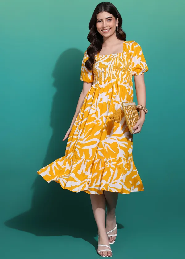 Women_Ladies_Yellow_Printed_Midi_Dress,_Western_Wear_Fit_and_Flare_A-Line_Dress_with_Puff_Sleeves
