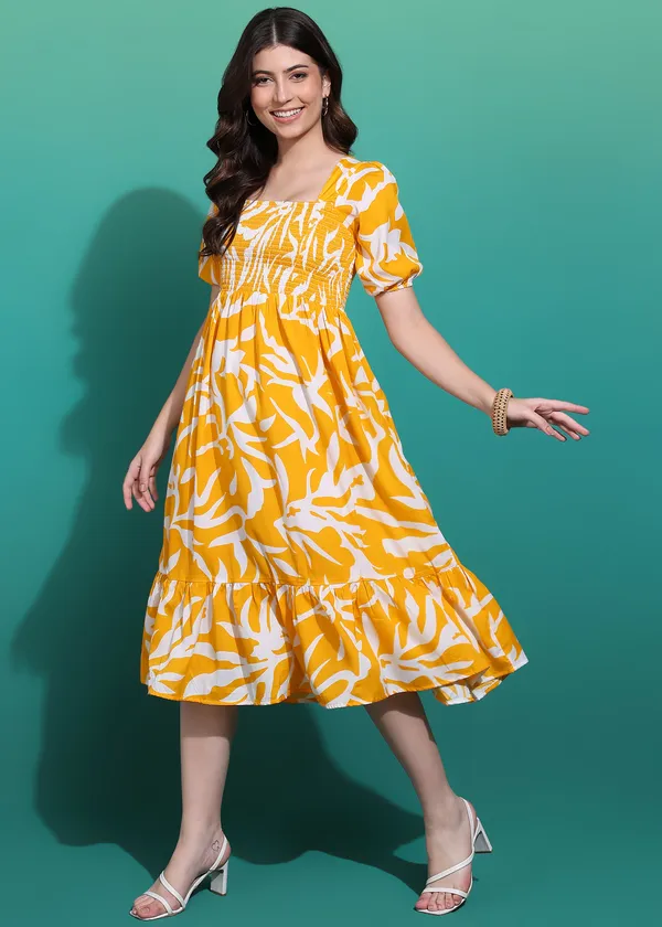 Women_Ladies_Yellow_Printed_Midi_Dress,_Western_Wear_Fit_and_Flare_A-Line_Dress_with_Puff_Sleeves