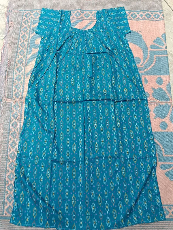 Teal_Cotton_Loose_Fit_Ikat_Print_Nighty_For_Women