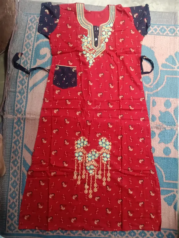 Red_Cotton_Printed_Embroidered_Nighty_For_Women
