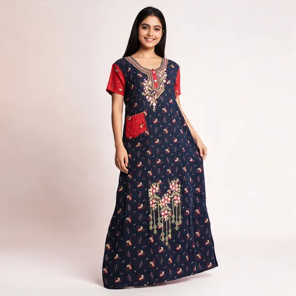 Navy_Blue_Cotton_Printed_Embroidered_Nighty_For_Women