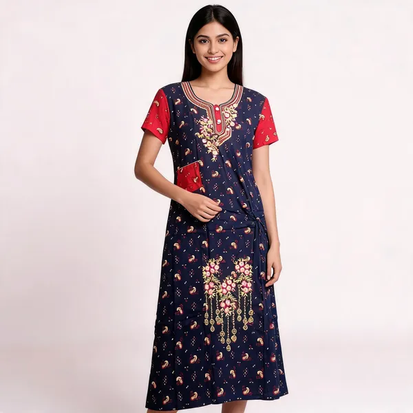 Navy_Blue_Cotton_Printed_Embroidered_Nighty_For_Women