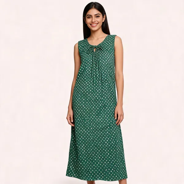 Green_Cotton_Bandhani_Print_Sleeveless_Maxi_Nighty_For_Women