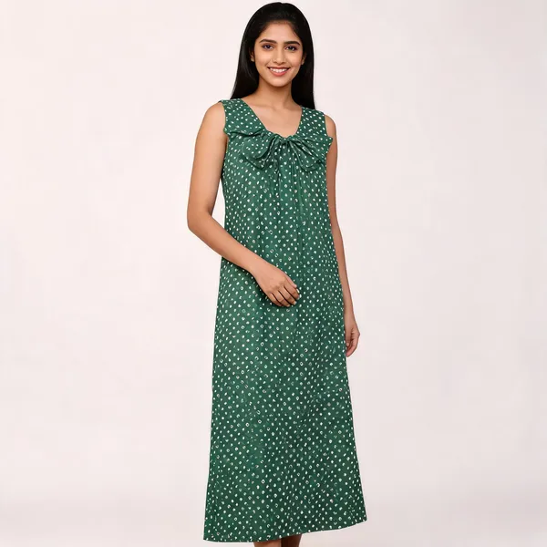 Green_Cotton_Bandhani_Print_Sleeveless_Maxi_Nighty_For_Women