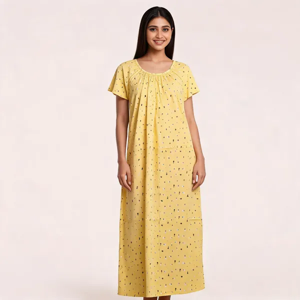 Yellow_Cotton_Floral_Print_Sleeveless_Nighty_For_Women
