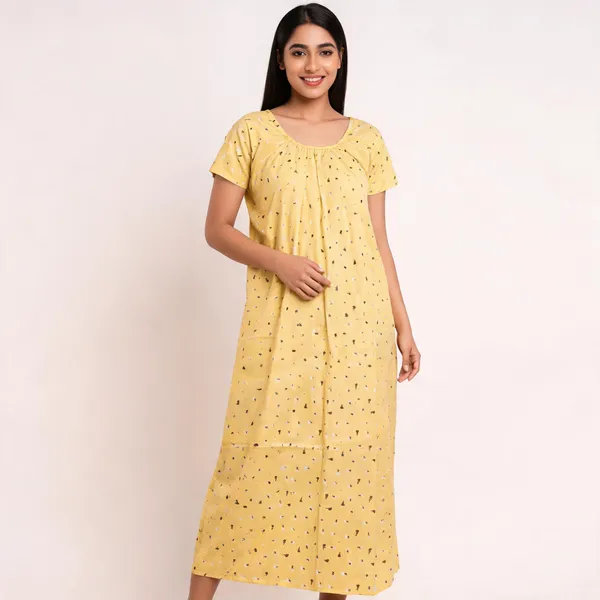 Yellow_Cotton_Floral_Print_Sleeveless_Nighty_For_Women