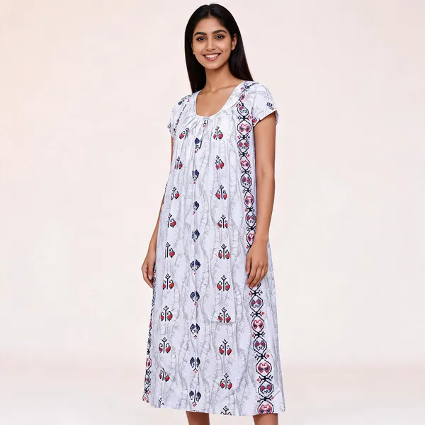 White_Cotton_Ethnic_Print_Sleeveless_Nighty_For_Women