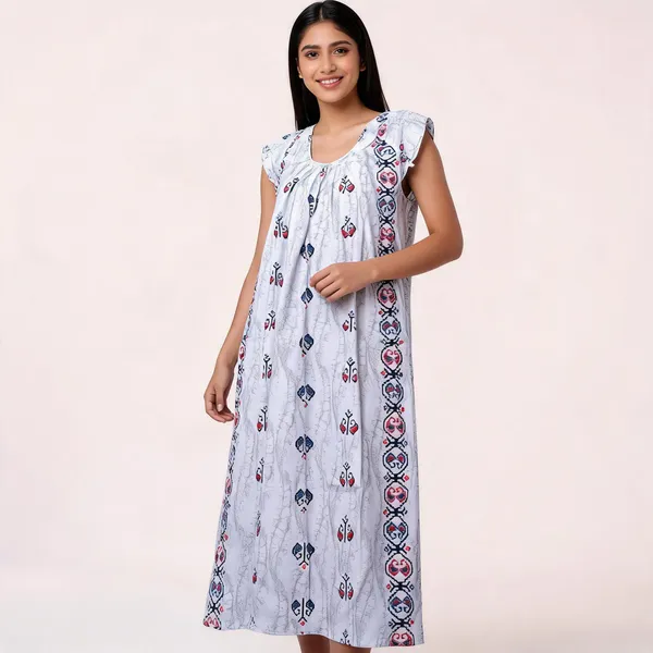 White_Cotton_Ethnic_Print_Sleeveless_Nighty_For_Women