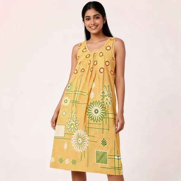 Yellow_Cotton_Floral_Print_Sleeveless_Nighty_For_Women