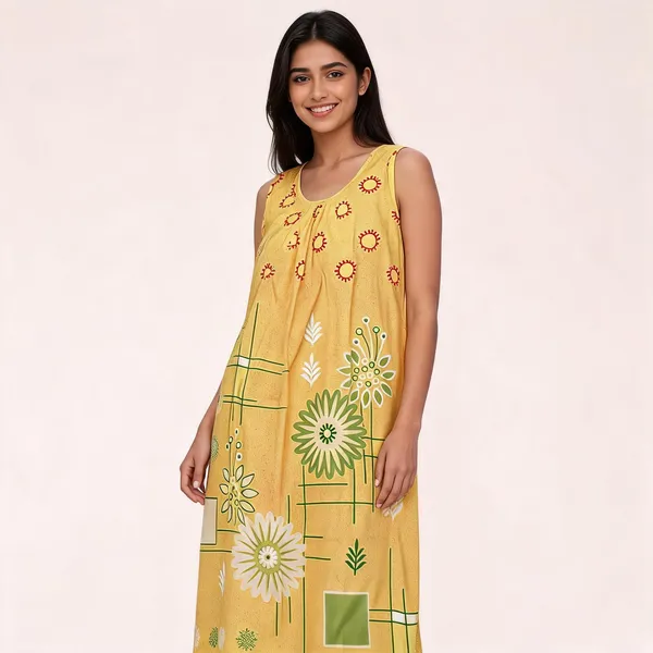 Yellow_Cotton_Floral_Print_Sleeveless_Nighty_For_Women