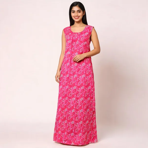 Pink_Cotton_Floral_Print_Sleeveless_Maxi_Nighty_For_Women