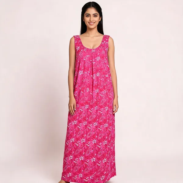 Pink_Cotton_Floral_Print_Sleeveless_Maxi_Nighty_For_Women