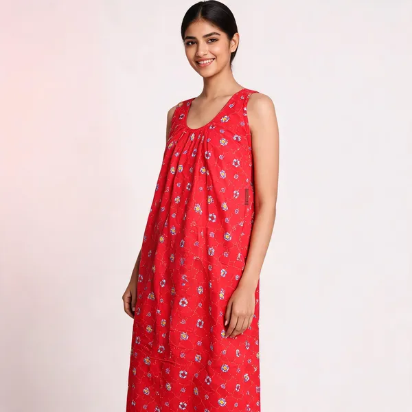 Red_Cotton_Floral_Print_Sleeveless_Nightdress_For_Women