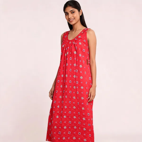 Red_Cotton_Floral_Print_Sleeveless_Nightdress_For_Women