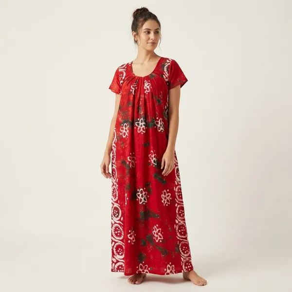 Red_Cotton_Batik_Print_Sleeveless_Nighty_For_Women