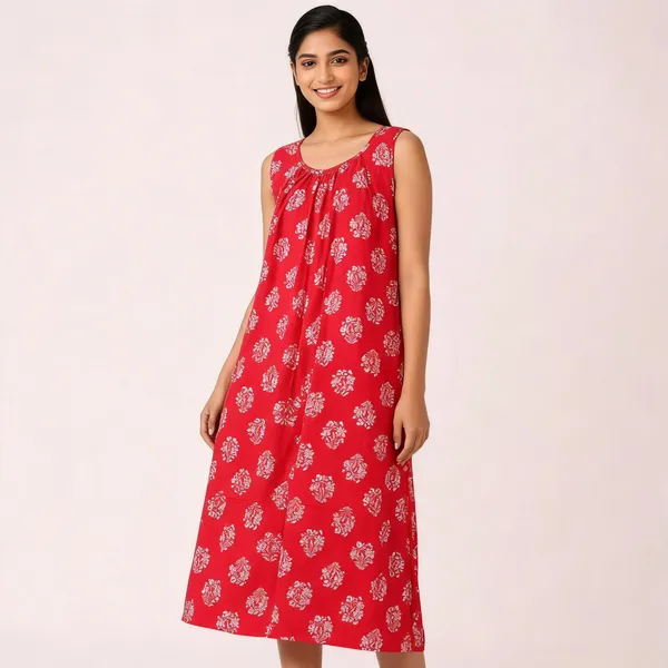 Red_Cotton_Floral_Block_Print_Sleeveless_Nighty_For_Women