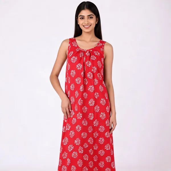 Red_Cotton_Floral_Block_Print_Sleeveless_Nighty_For_Women