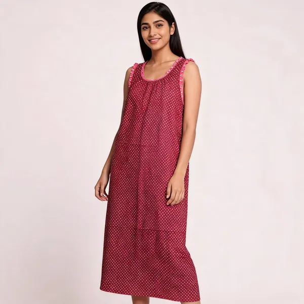 Maroon_Cotton_Polka_Dot_Print_Sleeveless_Nighty_For_Women
