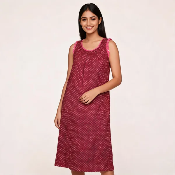Maroon_Cotton_Polka_Dot_Print_Sleeveless_Nighty_For_Women