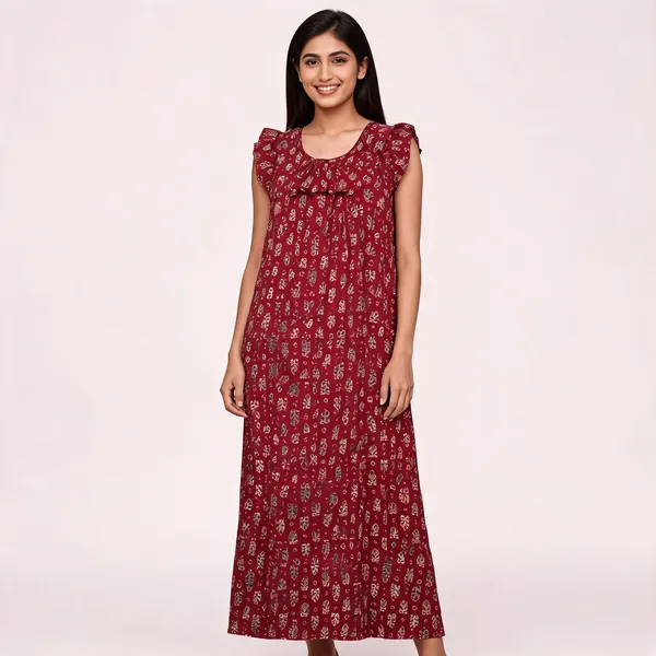 Maroon_Cotton_Ethnic_Print_Sleeveless_Nighty_Dress_For_Women