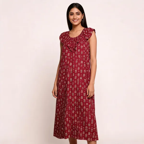 Maroon_Cotton_Ethnic_Print_Sleeveless_Nighty_Dress_For_Women