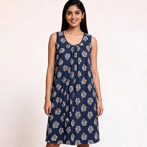 Navy_Blue_Cotton_Floral_Print_Sleeveless_Nighty_For_Women