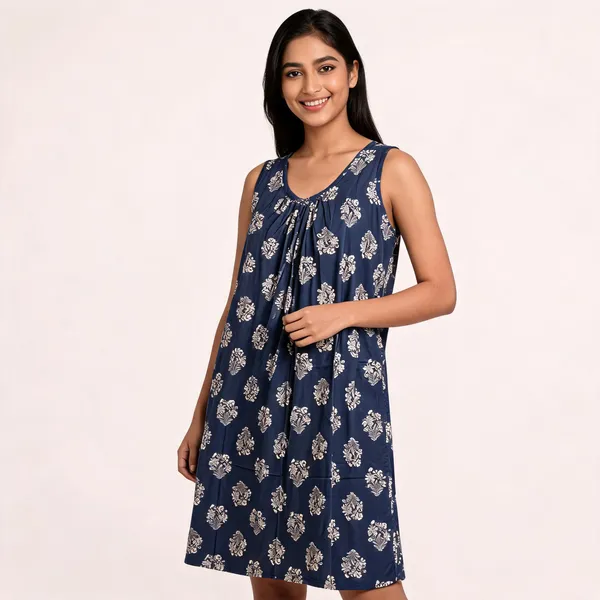 Navy_Blue_Cotton_Floral_Print_Sleeveless_Nighty_For_Women