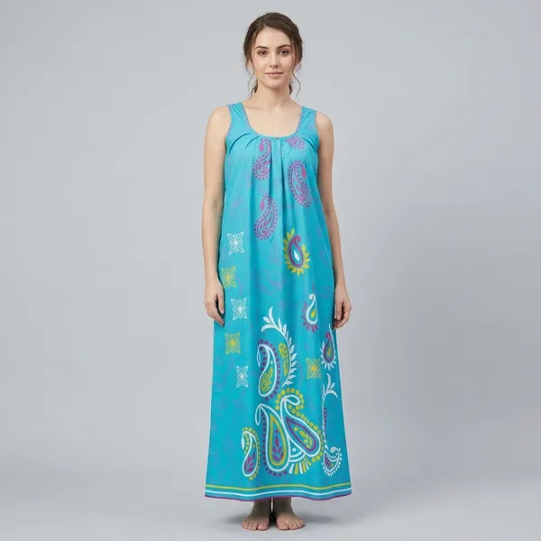 Turquoise_Cotton_Paisley_Print_Sleeveless_Nighty_For_Women