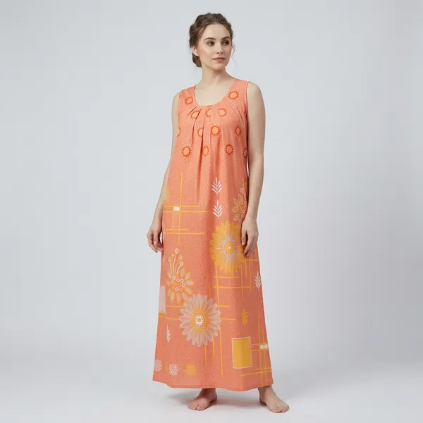 Peach_Cotton_Floral_Print_Sleeveless_Nightdress_For_Women