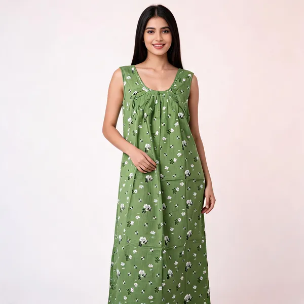 Green_Cotton_Floral_Print_Sleeveless_Nighty_For_Women