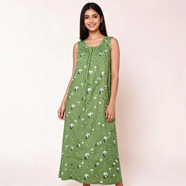 Green_Cotton_Floral_Print_Sleeveless_Nighty_For_Women