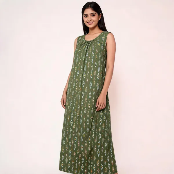 Green_Cotton_Ikat_Diamond_Print_Sleeveless_Long_Nighty_For_Women