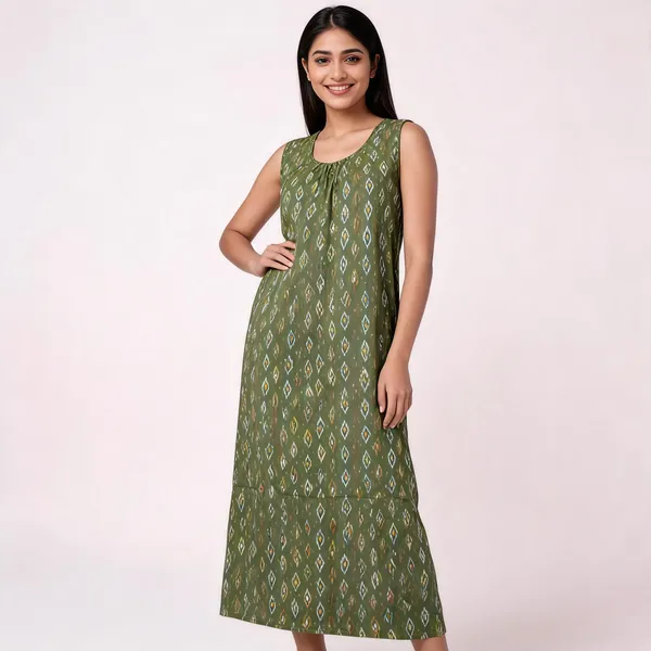 Green_Cotton_Ikat_Diamond_Print_Sleeveless_Long_Nighty_For_Women