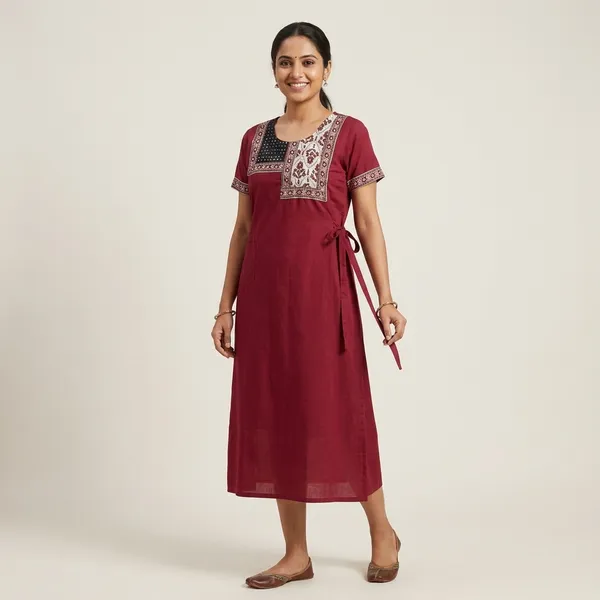 Maroon_Cotton_Straight_Embroidered_Kurta_For_Women