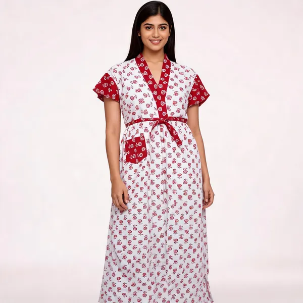 White_Cotton_Floral_Print_Wrap_Style_Night_Dress_For_Women