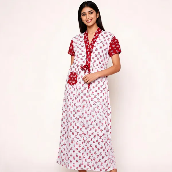 White_Cotton_Floral_Print_Wrap_Style_Night_Dress_For_Women