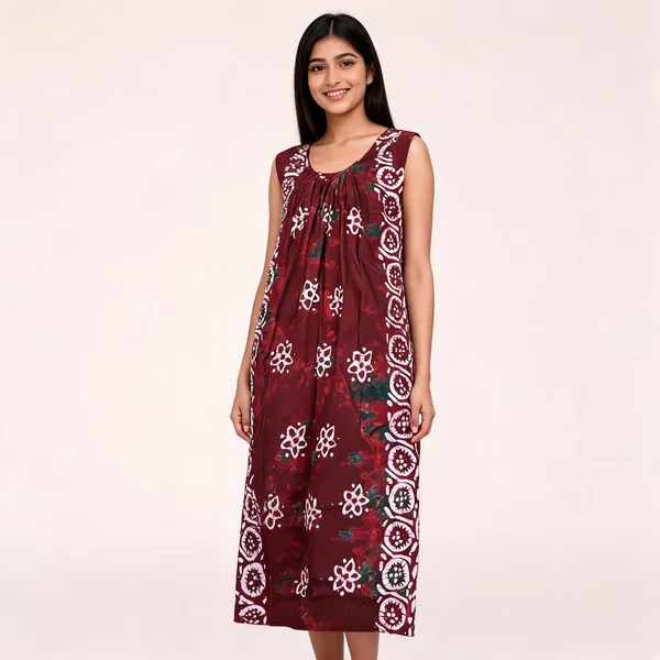 Maroon_Cotton_Floral_Print_Sleeveless_Maxi_Nighty_For_Women