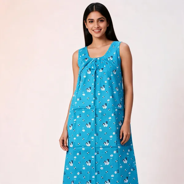 Turquoise_Cotton_Floral_Print_Sleeveless_Nighty_For_Women