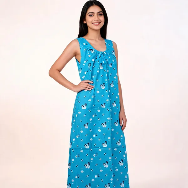 Turquoise_Cotton_Floral_Print_Sleeveless_Nighty_For_Women