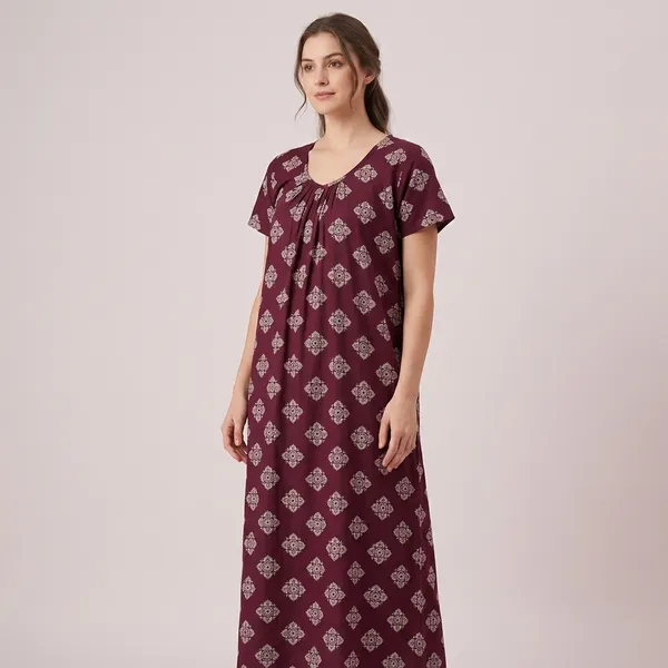 Maroon_Cotton_Sleeveless_Ethnic_Print_Nightdress_For_Women