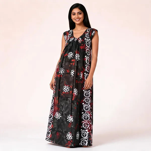 Black_Cotton_Batik_Print_Sleeveless_Maxi_Dress_For_Women
