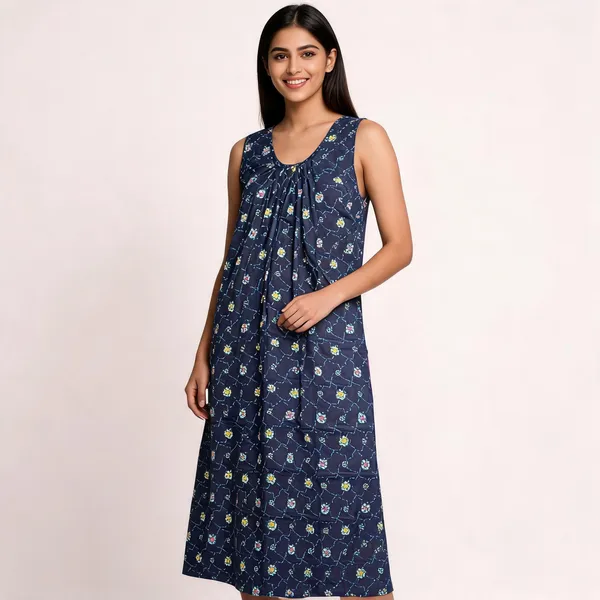 Navy_Blue_Cotton_Floral_Print_Sleeveless_Nighty_For_Women