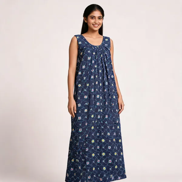 Navy_Blue_Cotton_Floral_Print_Sleeveless_Nighty_For_Women