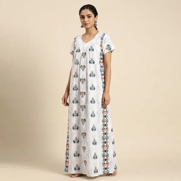 White_Cotton_Floral_Print_A-Line_Ethnic_Dress_For_Women