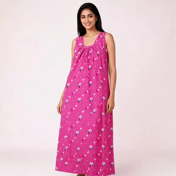 Pink_Cotton_Sleeveless_Floral_Print_Nighty_For_Women