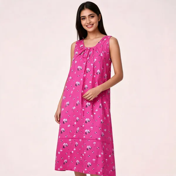 Pink_Cotton_Sleeveless_Floral_Print_Nighty_For_Women